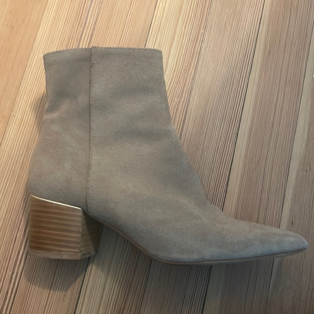 Leather sole, suede booties with gold details!